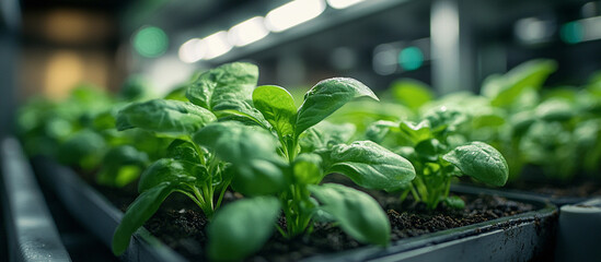 Close-up of young spinach plants in a grow tray.