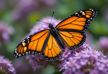 Naklejka premium A Monarch Butterfly With Orange And Black Wings Is Perched On A Cluster Of Purple Flowers, insect pollination, wildlife photography