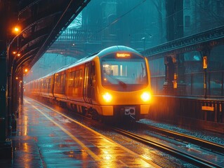 Naklejka premium A rainy evening at a city train station with glowing lights and a passing train