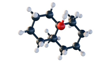 A 3d rendering of isolated floating ball-and-stick model of the geosmin molecule or C12​H22O