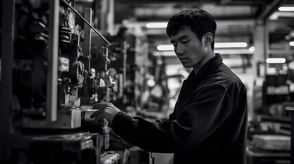 Black-and-white scene of Asian industrial worker in dark uniform leaning forward with serious focus while examining complex machinery in dim workshop, highlighting manual precision.