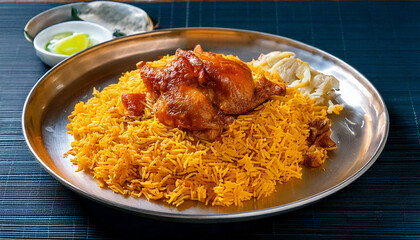Famous Hydrabadi chicken dum biryani with chicken pieces on the topic served in a plate served with onion raitha closeup with selective focus and blur