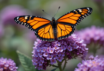 A Monarch Butterfly With Orange And Black Wings Is Perched On A Cluster Of Purple Flowers, insect pollination, wildlife photography