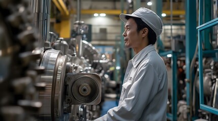Middle-aged Asian worker in light uniform and white safety helmet standing in industrial factory, attentively observing complex metal machinery with pipes and cylinders under warm workshop lighting