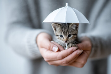 Fototapeta na wymiar Animal insurance and shelter concept with kitten, umbrella, and caring owner representing pet care, adoption, and housing