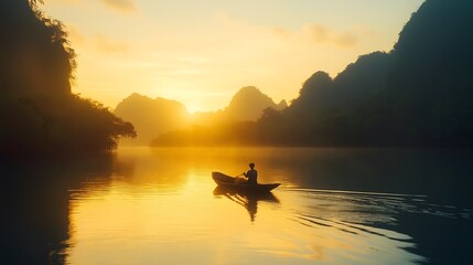 Lone kayaker silhouetted against golden horizon gliding over calm reflective waters at sunrise in misty karst landscape with dark towering cliffs framing the warm glowing sky