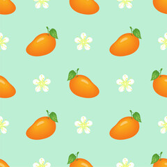 Vector seamless pattern with mango fruits. Summer tropical fruits on a white background.