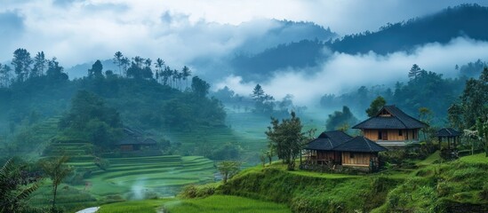 Fototapeta premium Misty mountain houses, rice terrace view