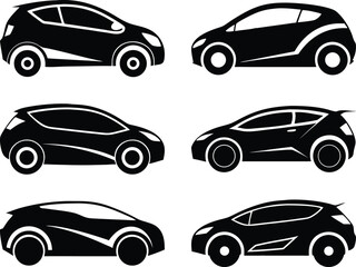 Compact car silhouette side view vector set. Urban hatchback icon collection featuring small city vehicles in black flat style. Editable clipart bundle for transportation themes, web and print design.
