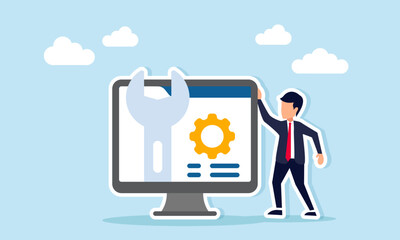 Businessman standing next to a monitor displaying a wrench and gear, illustration of maintaining business work system