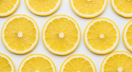 Obraz premium Arrangement of multiple lemon slices on a white background creating a pattern and texture