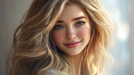 Fototapeta premium Young woman with flowing hair smiles softly indoors