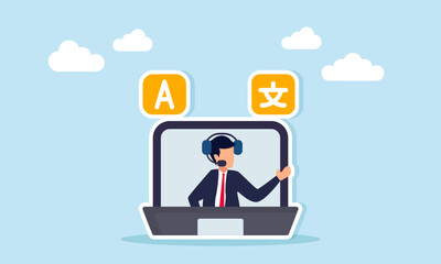 Businessman inside a laptop wear headphones share information about a chat dialog marked with Chinese and alphabet symbols, illustration of a digital and online language translator