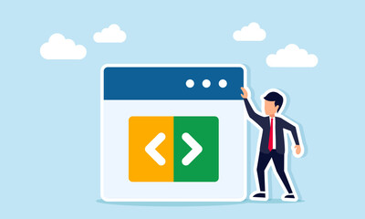 Businessman standing next to an app interface displaying programming symbols, illustration of planning related to creating a business application