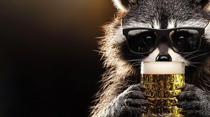 A raccoon wearing sunglasses joyfully holds a glass of beer against a blurred dark background