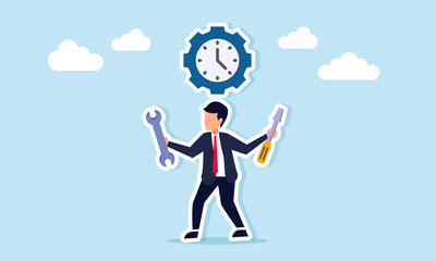 Businessman holding a screwdriver and wrench with a gear labeled with a clock, illustration of time for maintenance of business workflow and production machines