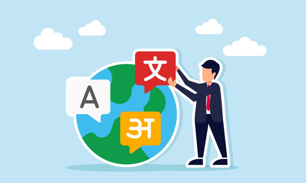 Businessman stand next to a globe marked with alphabet and Tagalog, holding a chat dialog marked with Mandarin, illustration of cultural acculturation including language promotion