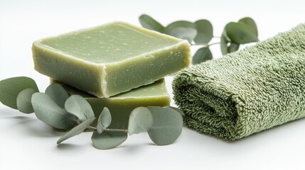 Handmade soap bars with eucalyptus leaves and small towel on white background.