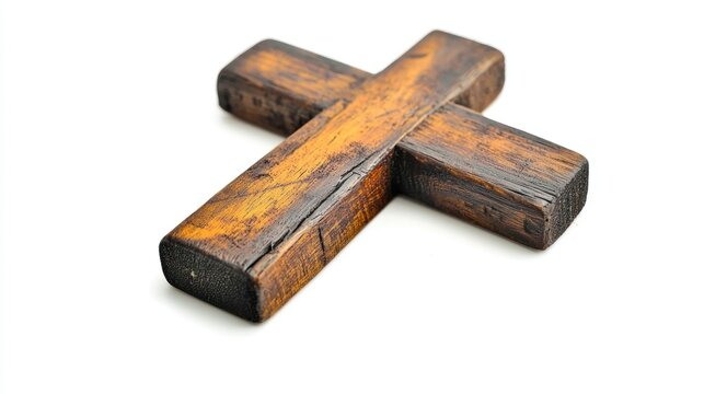 Handmade wooden cross with burnt edges on white background.