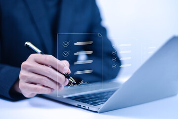 Businessman signing electronic document on digital document. Electronic signature concept....