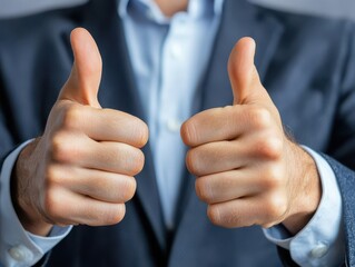 Businessman with formal and motivation concept. Two hands giving thumbs up in a formal attire, expressing approval or positivity.