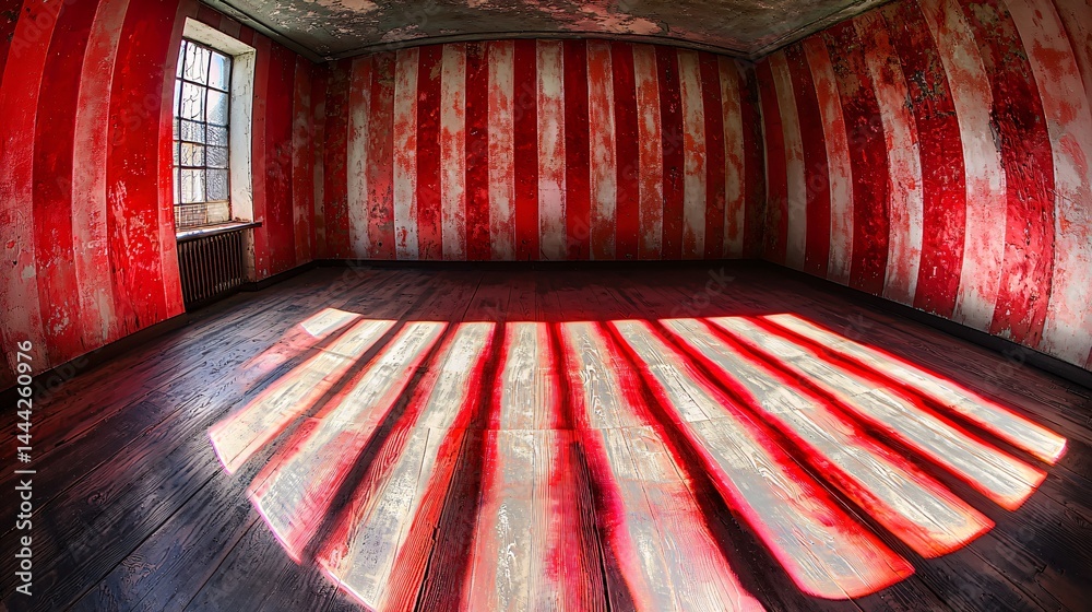 Wall mural unique room featuring a red and white striped wall design creating a playful atmosphere with abstrac