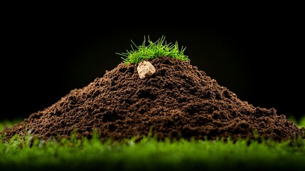 Fresh Soil Heap with Green Grass Blades on Dark Background