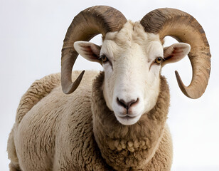 Portrait full body shot of a sheep or ram sitting in front of a white background. Eid al-Adha is a sacrifice animal in Muslim belief. Close-up of a sheep with horns.