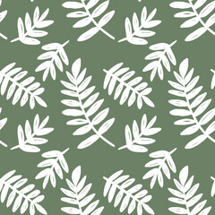 A botanical-inspired seamless pattern featuring stylized fern leaves in white across a green background, ideal for packaging, fabric, and decor.
