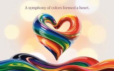 Fototapeta premium A digital artwork featuring a heart-shaped swirl of vibrant colors, including blue, green, yellow, orange, and red. The swirl is suspended in mid-air, with a soft, glowing background of bokeh lights i