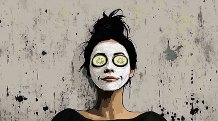 relaxing spa day: a woman in a face mask with cucumber slices, perfect for a beauty routine poster for wellness and self-care inspiration in your space!