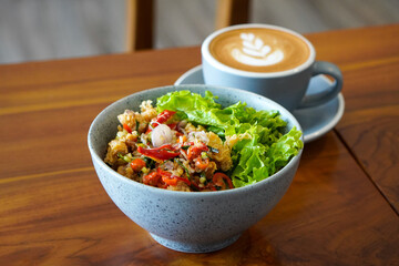 Sambal matah rice bowl, captured on April 30, 2025. Steamed rice served with flavorful chicken and Balinese raw chili relish, delivering a spicy, fresh, and aromatic Indonesian taste