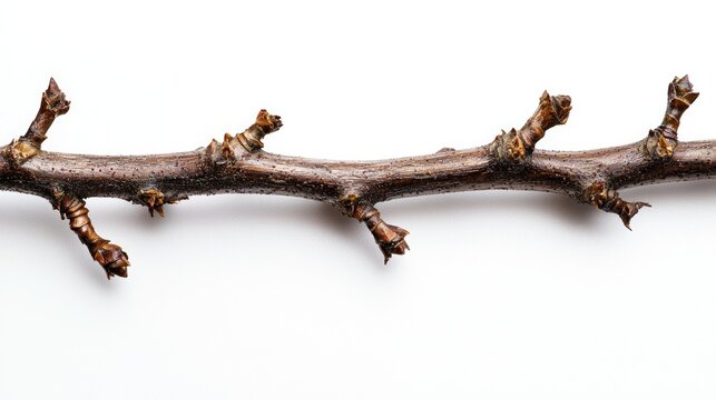 High-detail close-up of a brittle, snapped willow twig with sharp textures, white background