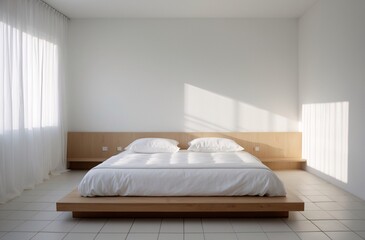 Minimalist Bedroom Interior with Natural Light and Wooden Platform Bed