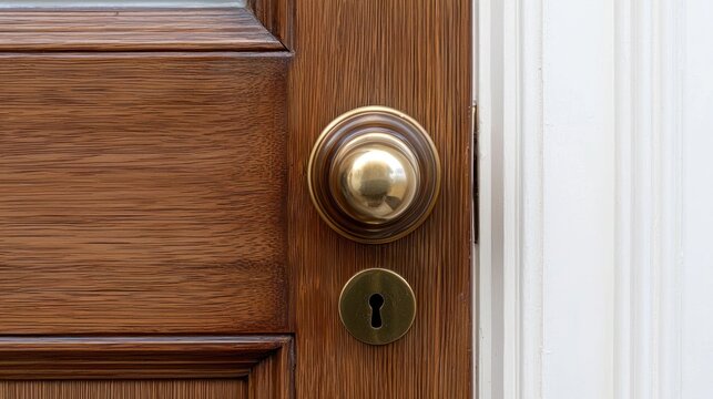High-gloss wooden door with brass knob and beveled glass window on white background.