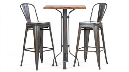 High-top bar table with metal chairs on white background.