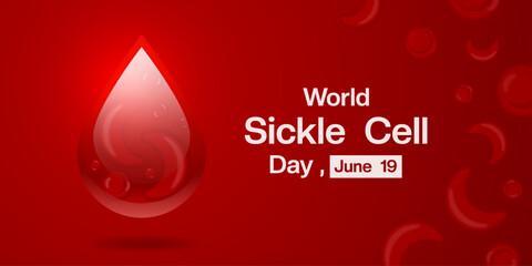 June 19th Is World Sickle Cell Day. Blood, cell and light. Suitable for posters, banners, social media and more. Red background.