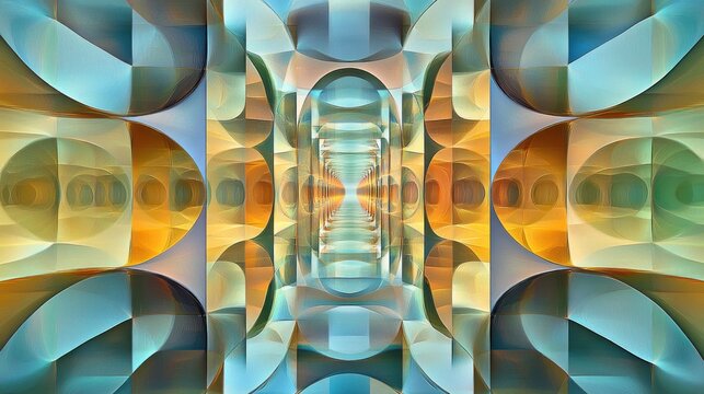 Intricate, symmetrical, colorful, abstract tunnel design.