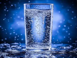 Effervescent water glass still life, abstract blue background illumination