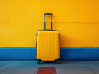 Obraz premium Bright Yellow Suitcase Against Vibrant Orange Wall in Urban Space Perfect for Travel Photography and Lifestyle Inspiration