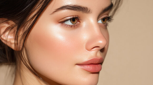 Radiant, healthy-looking woman's face.  Soft, glowing skin.  Natural makeup highlighting cheekbones