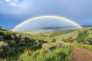 Naklejka premium Bright rainbow over green valley, after-rain clarity and hope