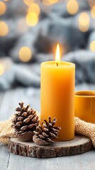 Warm Candle Glow with Pine Cones and Cozy Textiles for Relaxation