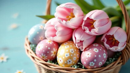 Obraz premium easter eggs in a basket with flowers