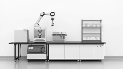 Modern Laboratory Workspace with Robotic Arm and Scientific Equipment for Research and Development