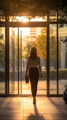 Confident businesswoman walking toward the exit of a modern office building at sunset, symbolizing ambition, independence, and work-life balance in an urban setting.