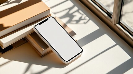realistic phone with white frame and blank screen leaning against a stack of books on a bright desk, fresh daylight tone, soft depth of field, airy composition for presentation