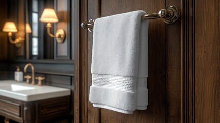 Luxury Bathroom Towel Hanging on Wooden Door