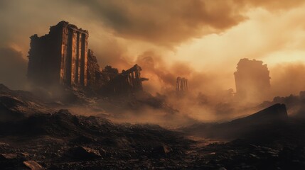 A destroyed city with buildings crumbling in the distance. The sky is filled with smoke and ash.