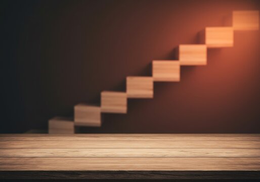 Escalier bois lumineux ascension progression. AI Generated